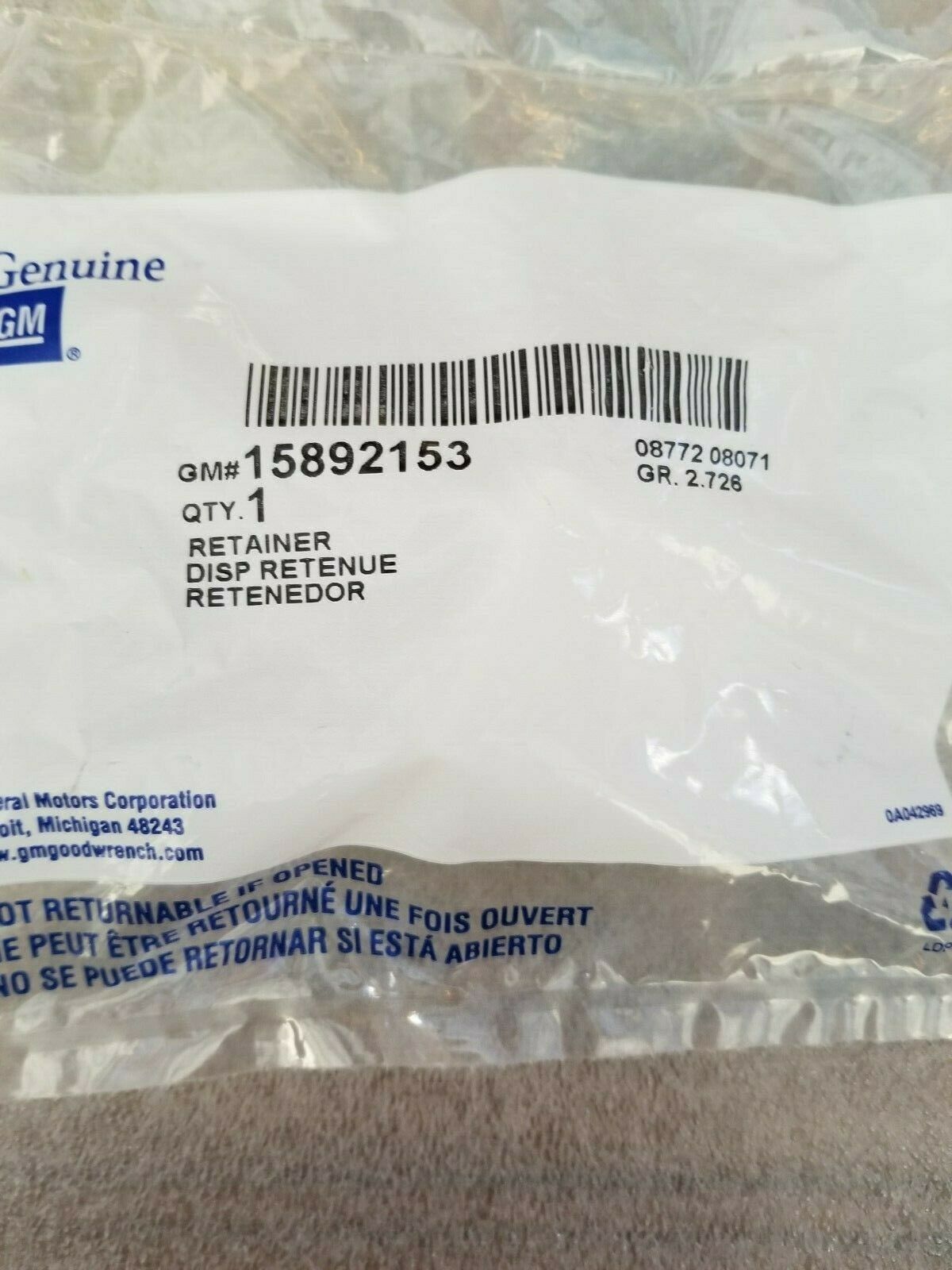 Genuine GM Headlamp Assembly Retainer 15892153